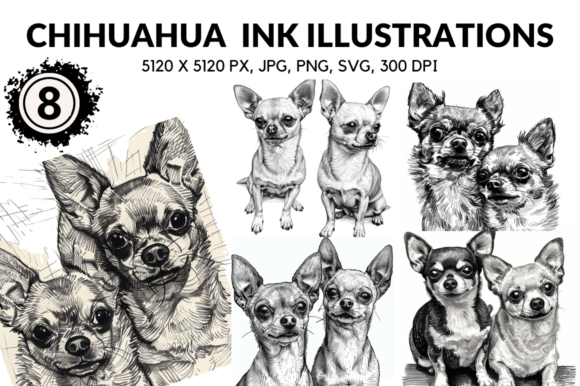 Chihuahua Cartoon Ink Illustrations Graphics