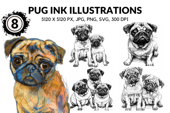 Pug Cartoon Ink Illustrations: Graphics & Art