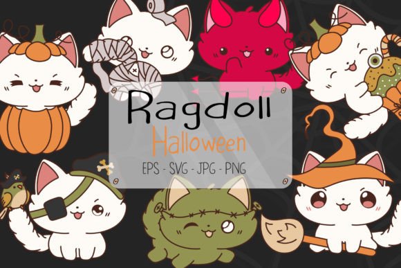 Set Halloween Ragdoll Cat Graphics & Illustrations